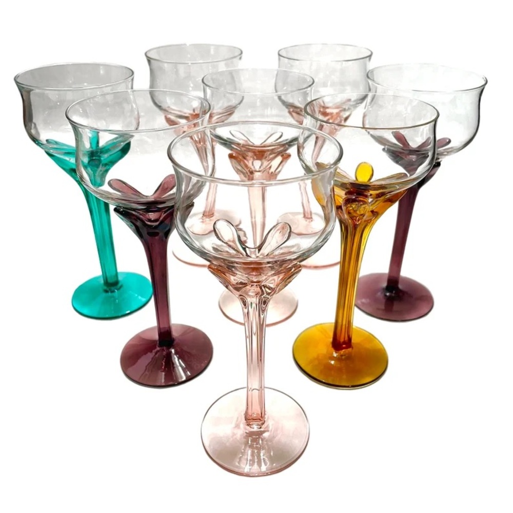 Vintage 1960s Hand Blown Colorful 8x Cordial Modern 4 Fingers Stretch Stemware